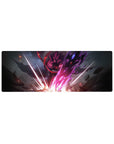 32x12 inches anime mouse pad with crimson-haired warrior, neon energy slashes, cracked stone, and sparks.