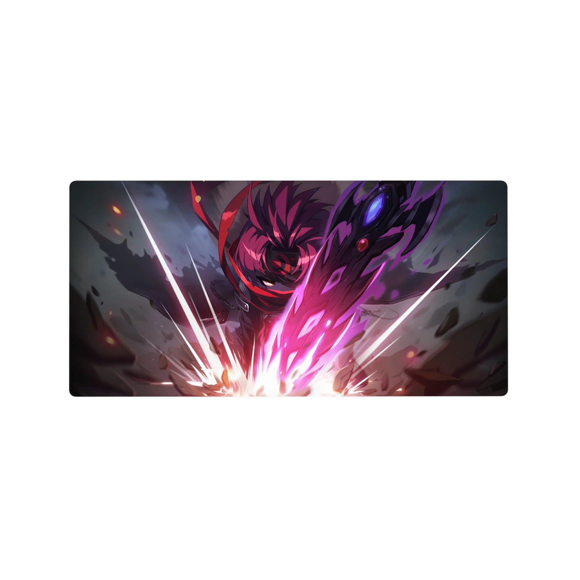 32x16 inches anime mouse pad with crimson-haired warrior, neon energy slashes, cracked stone and dark armor.