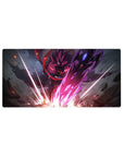 32x16 inches anime mouse pad with crimson-haired warrior, neon energy slashes, cracked stone and dark armor.
