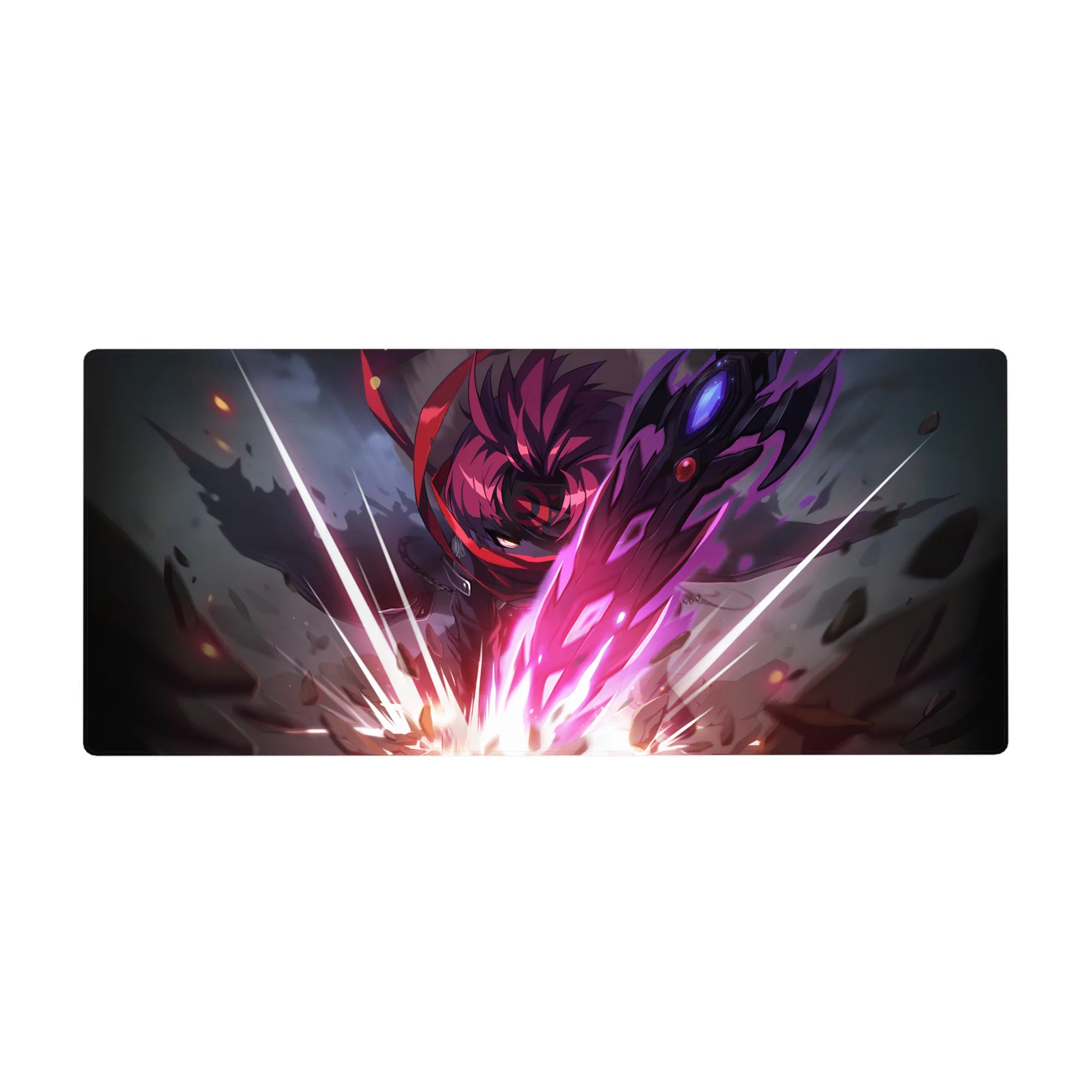 Anime desk pad 36x16 inches with crimson-haired warrior, neon slashes, cracked stone, electric weapon art.