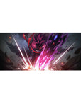 Anime desk pad 36x16 inches with crimson-haired warrior, neon slashes, cracked stone, electric weapon art.