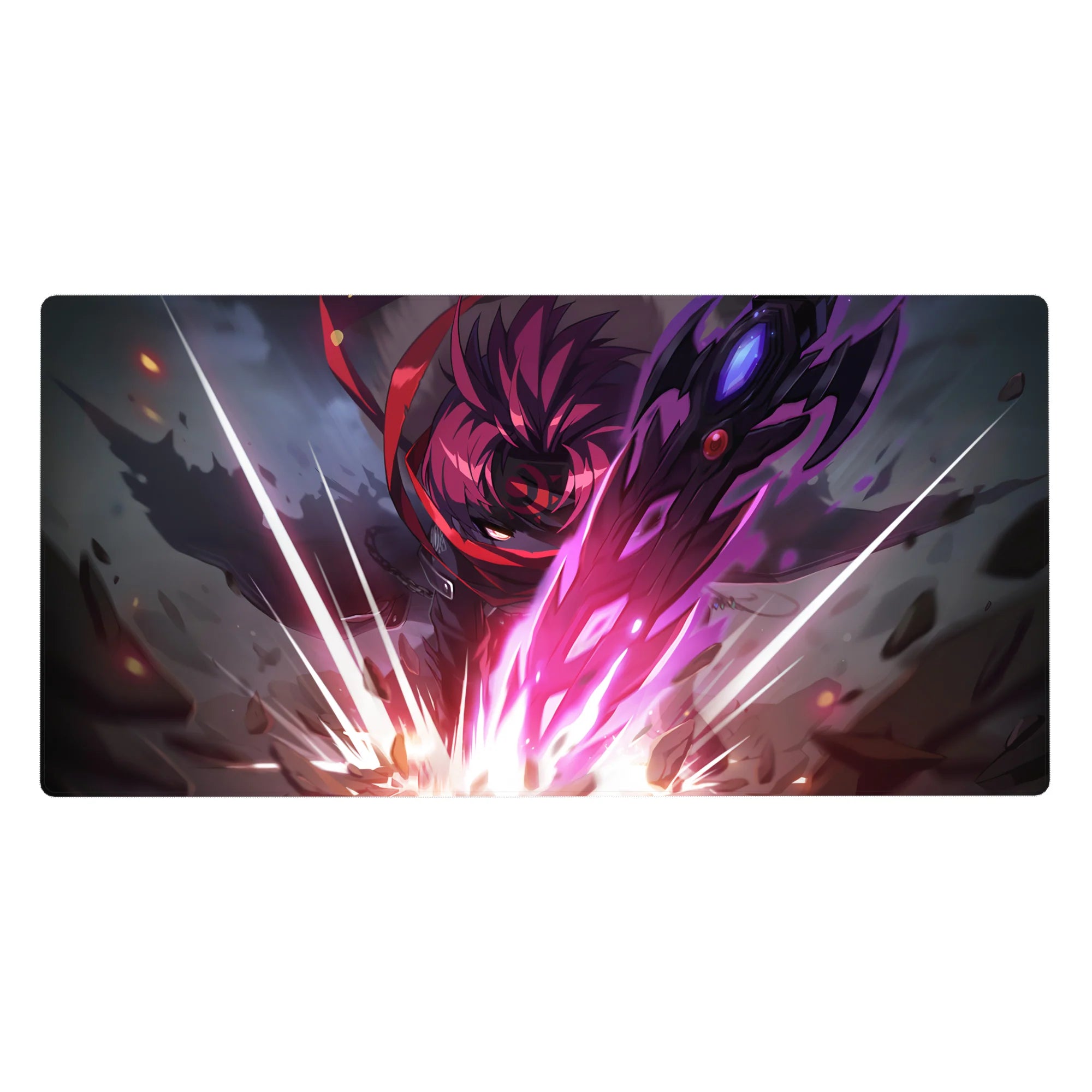 40x20 inches anime desk pad with crimson-haired warrior, neon energy slashes, cracked stone and sparks.