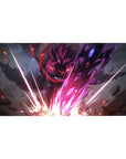 40x20 inches anime desk pad with crimson-haired warrior, neon energy slashes, cracked stone and sparks.