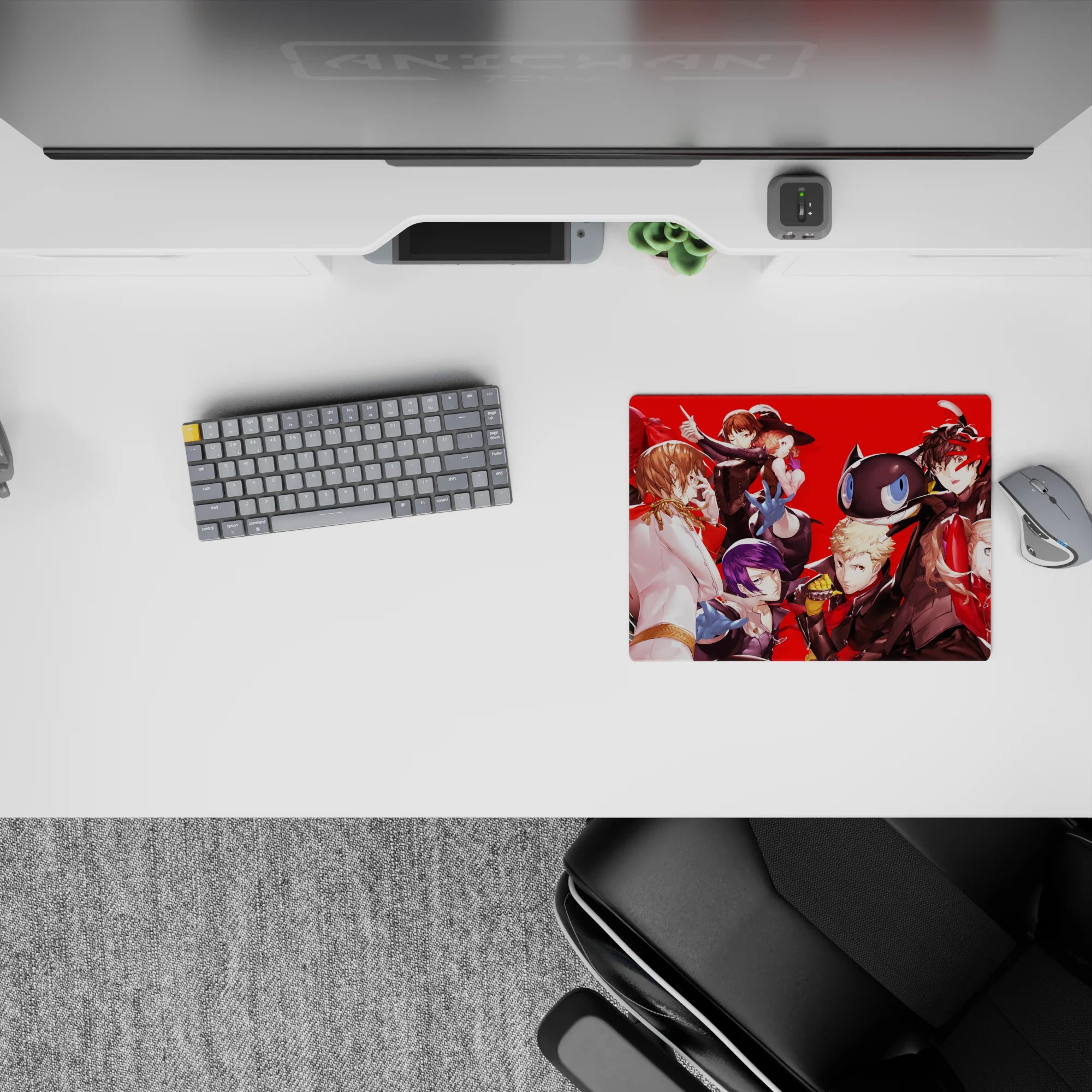 Persona 5 Royal anime mouse pad, 14x10 inches, features Joker&#39;s mask, Ann&#39;s wink, Ryuji&#39;s fist, and Kasumi on a red background.
