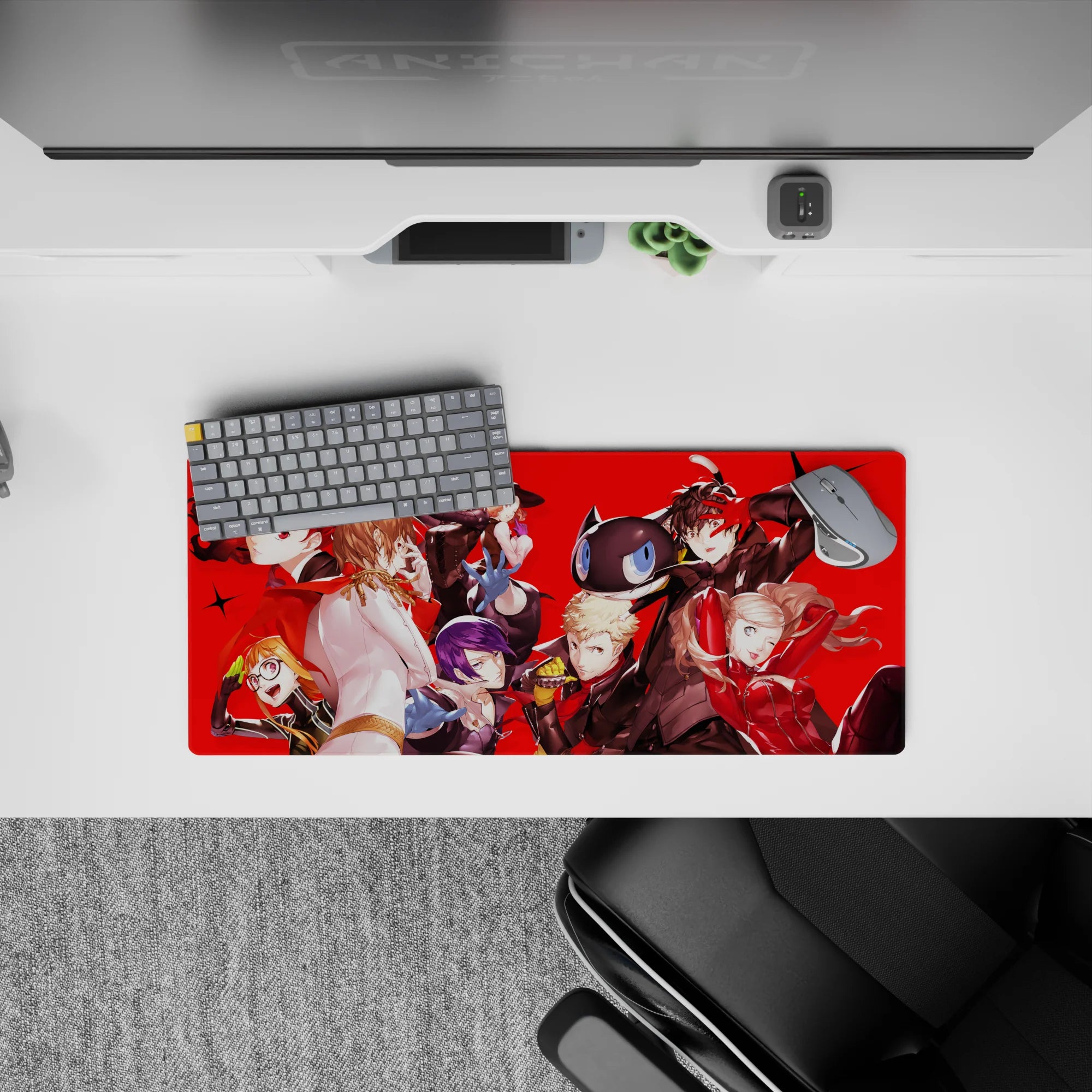 Anime mouse pad 28x12 inches featuring Persona 5 Royal characters: Joker, Ann, Ryuji, and Kasumi on a vibrant red background.