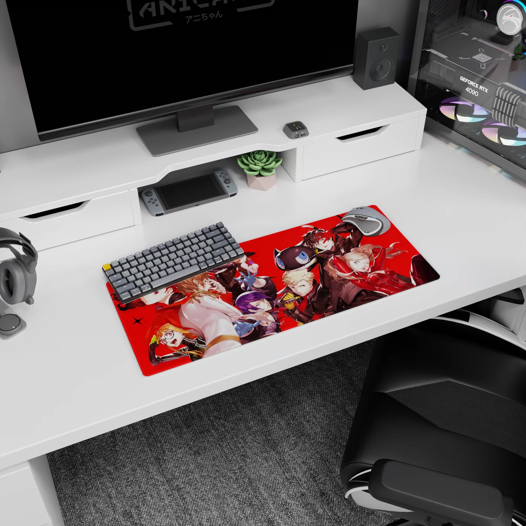 Persona 5 Royal anime mouse pad, 28x12 inches, featuring Joker, Ann, Ryuji, and Kasumi on a bold red background.