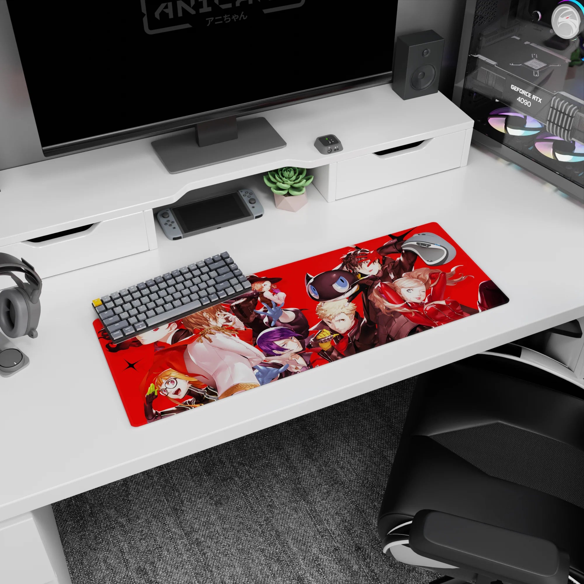 Persona 5 Royal anime mouse pad 32x12 inches featuring Joker, Ann, Ryuji, and Kasumi in dynamic action on a vibrant red background.