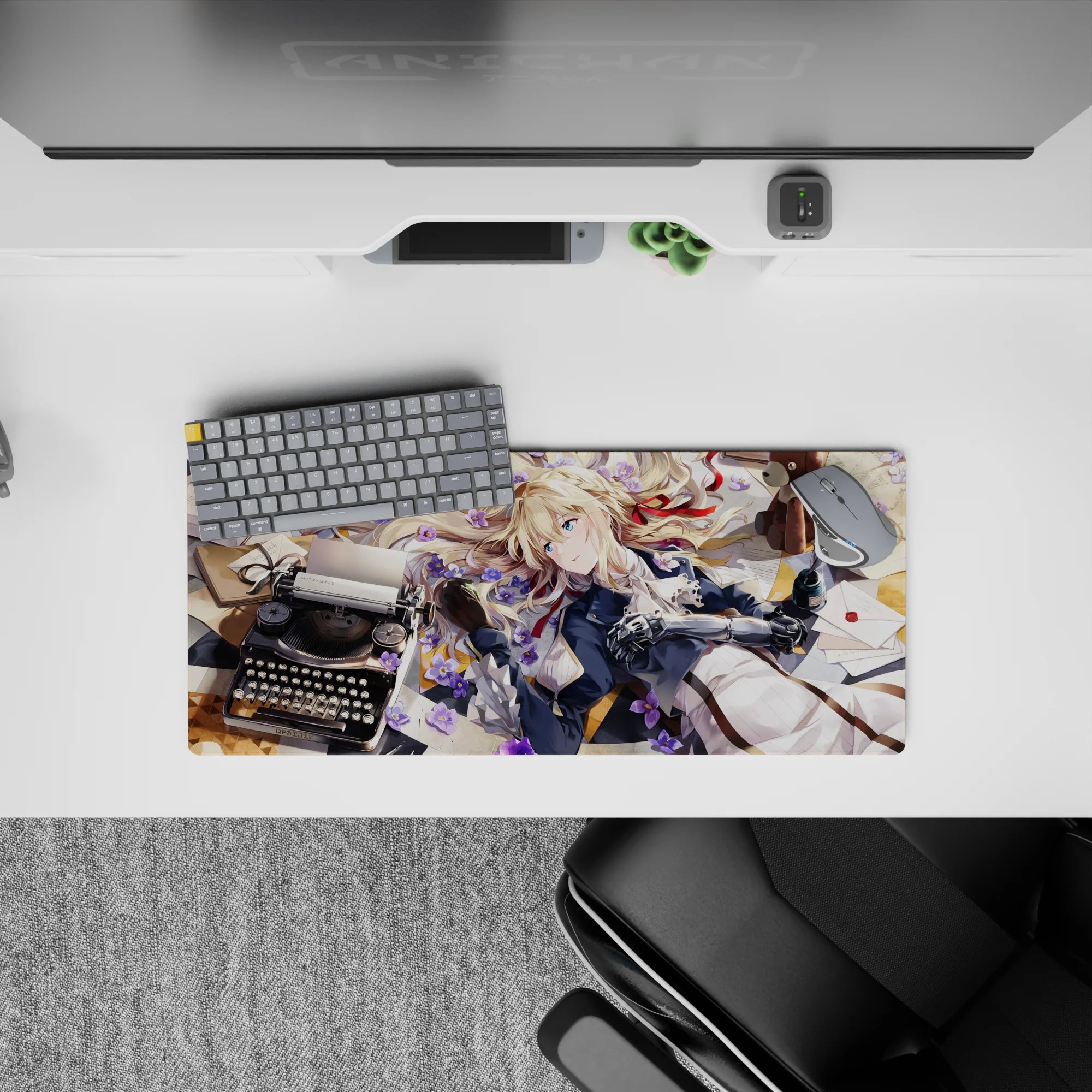 Sunlit pastel anime girl mouse pad 28x12 inches in violet blooms, navy and white outfit, calm blue-eyed vibe.