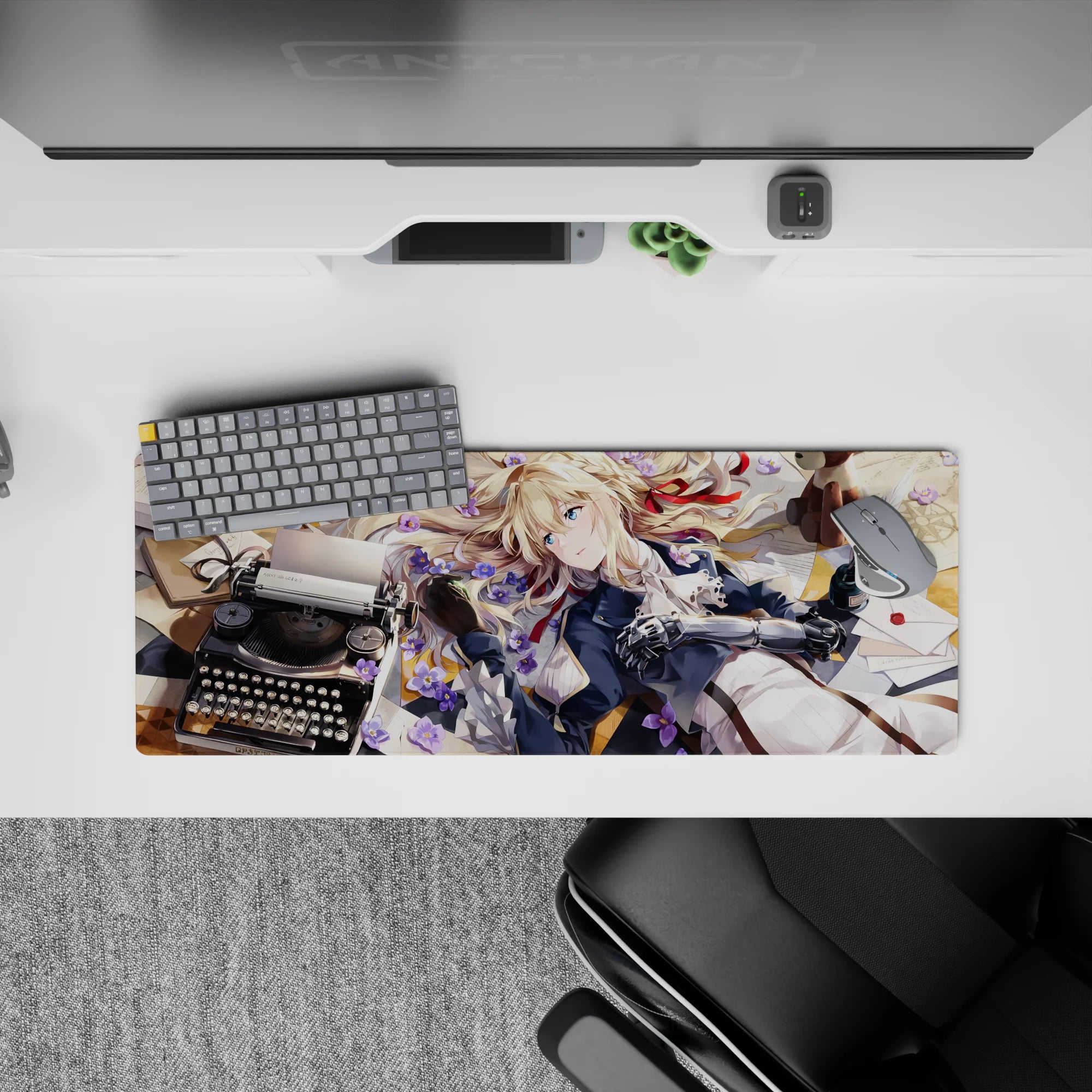 32x12 inches anime girl mouse pad in warm sunlight, navy and white outfit, violet flowers, calm dreamy vibe.