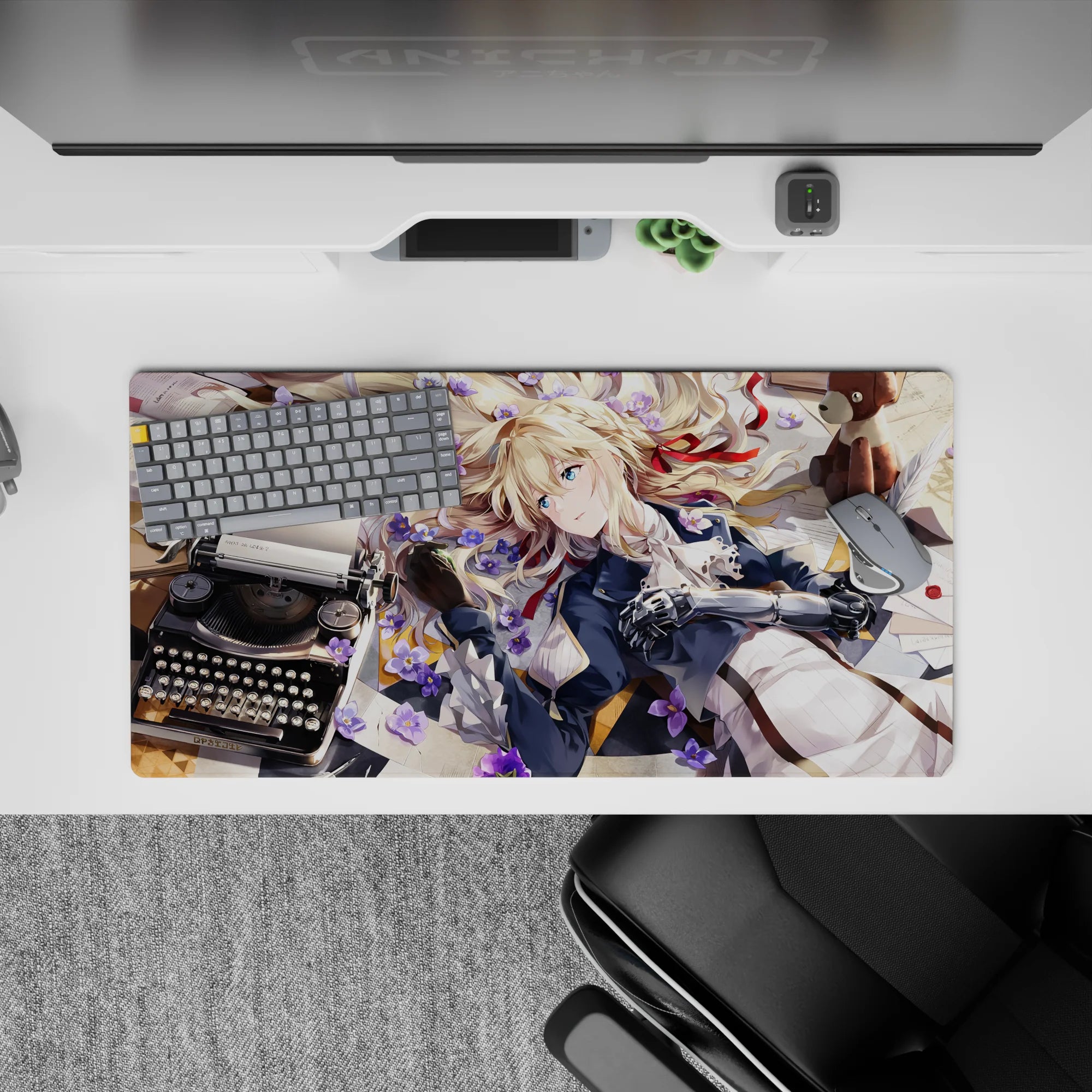 32x16 inches anime girl mouse pad in warm sunlight with navy and white outfit, violet flowers, calm vibe.