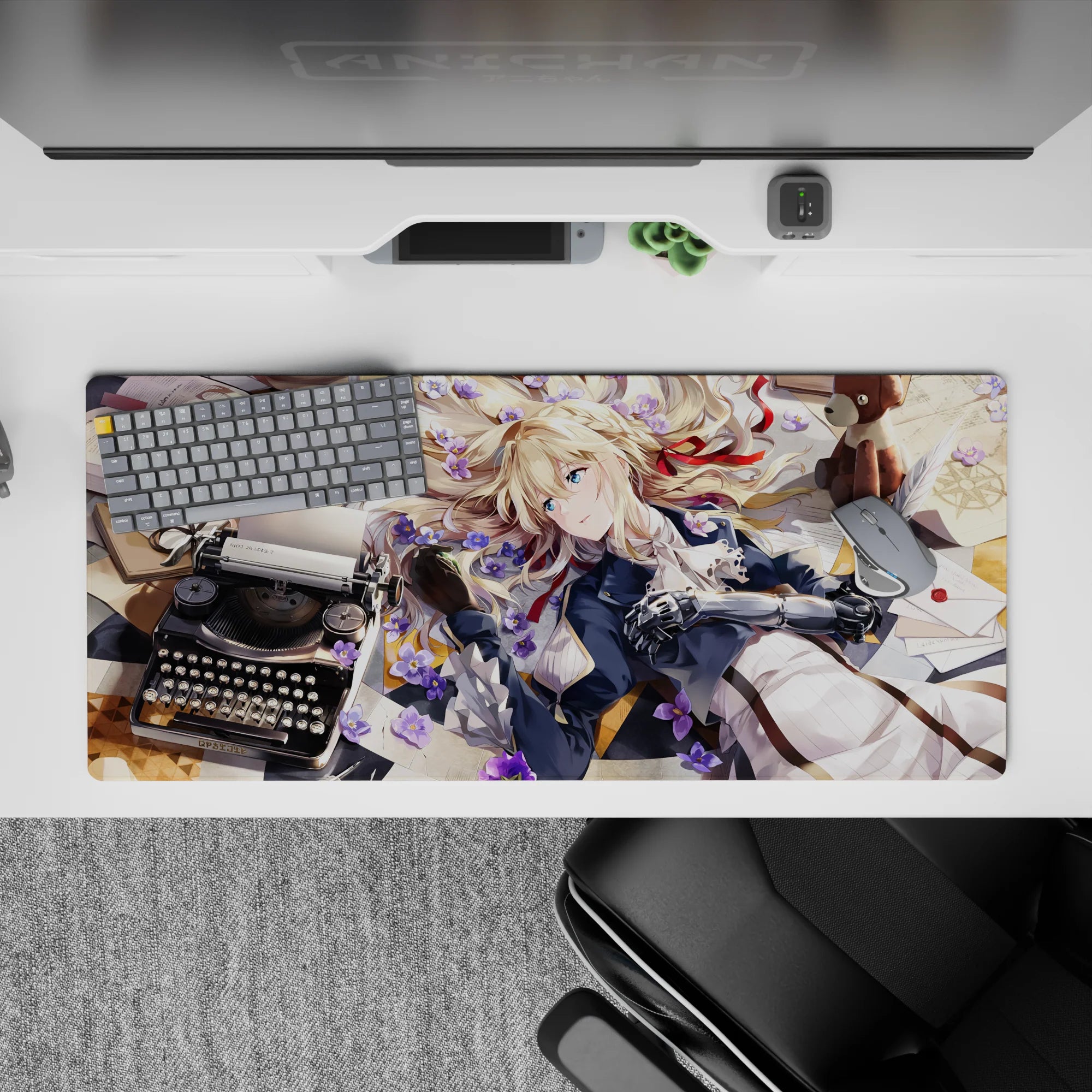 Soft dreamy 36x16 inches anime girl desk pad in warm sunlight, navy and white outfit, violet flower accents.