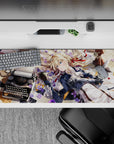 Soft dreamy 36x16 inches anime girl desk pad in warm sunlight, navy and white outfit, violet flower accents.