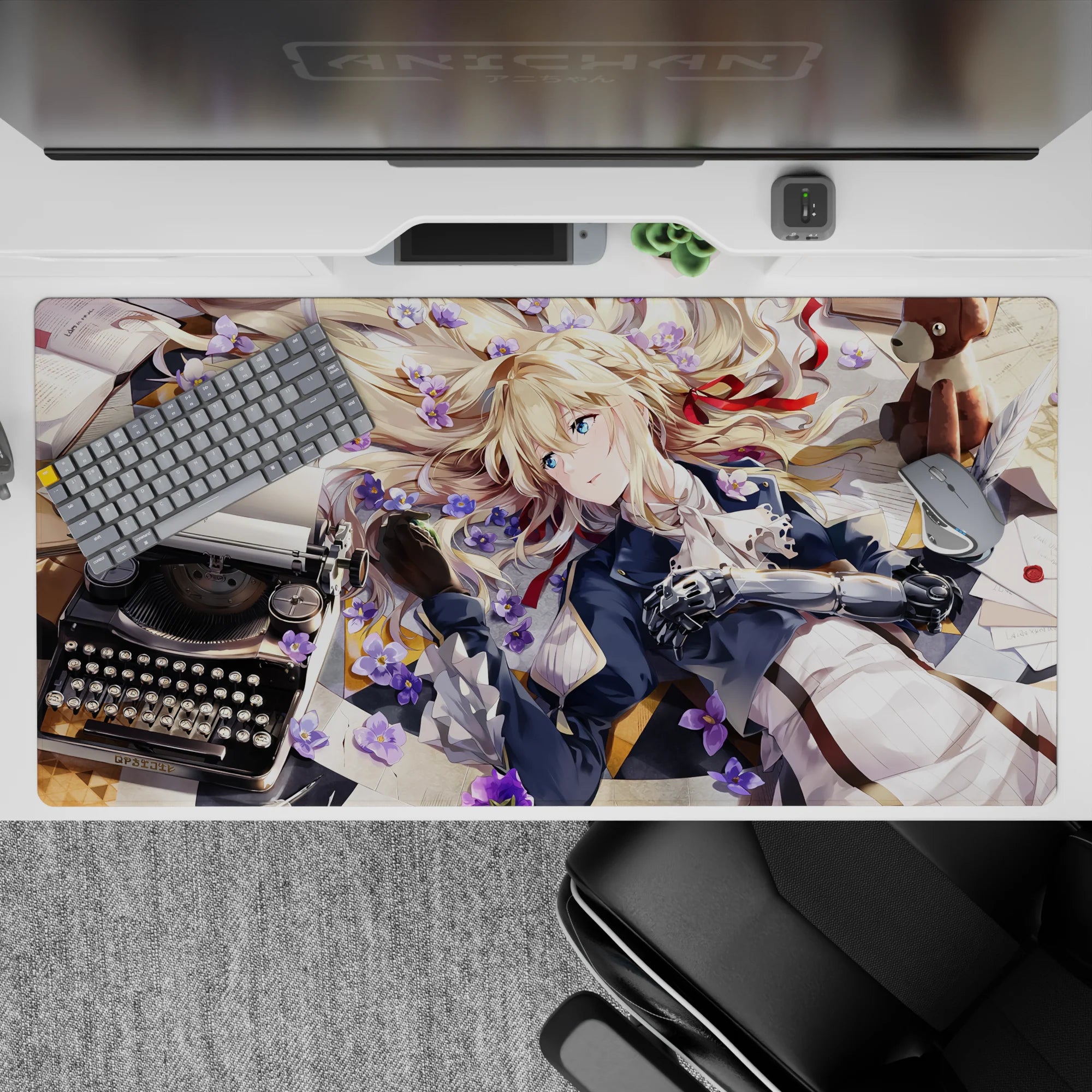 Soft sunny violet-flower anime desk pad 40x20 inches, warm light, navy and white, calm vibe.