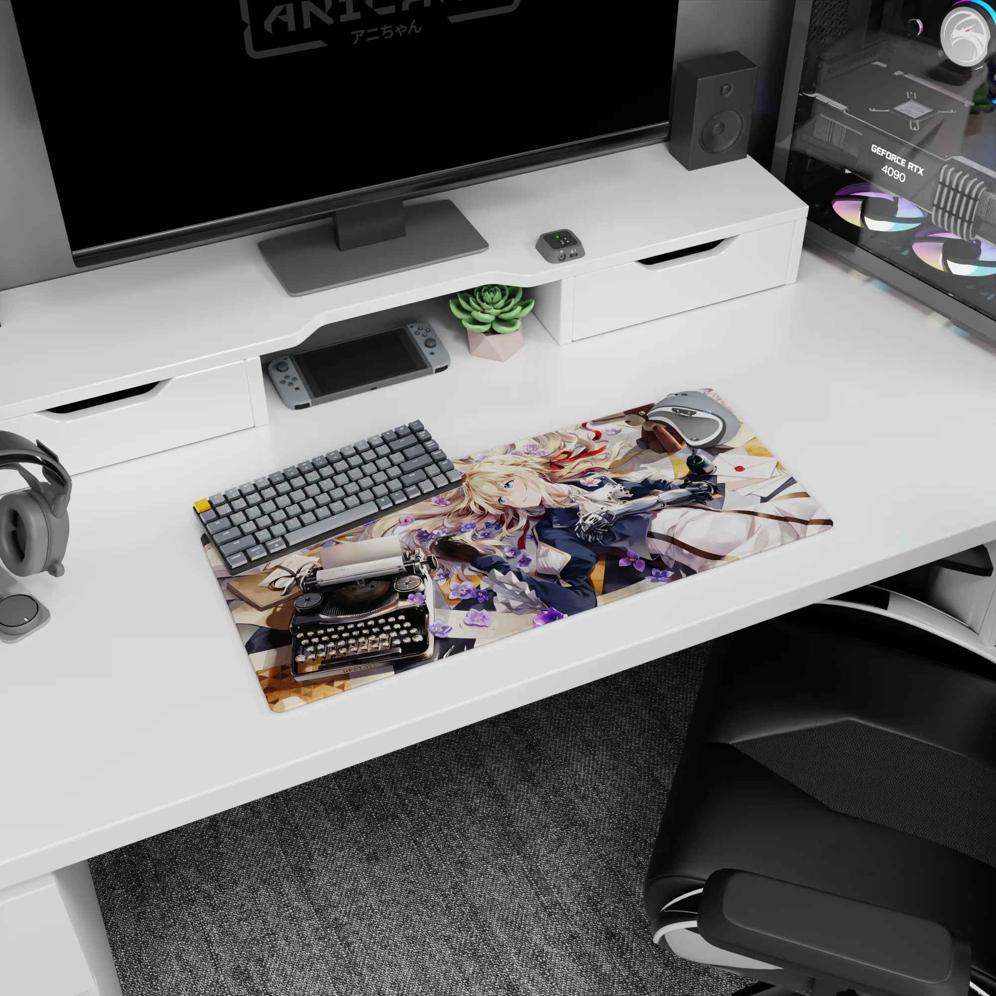 Blonde anime girl with metal arm on mouse pad 28x12 inches, red hair ribbon, letters, ink bottle and bear.