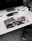 Blonde anime girl with metal arm on mouse pad 28x12 inches, red hair ribbon, letters, ink bottle and bear.