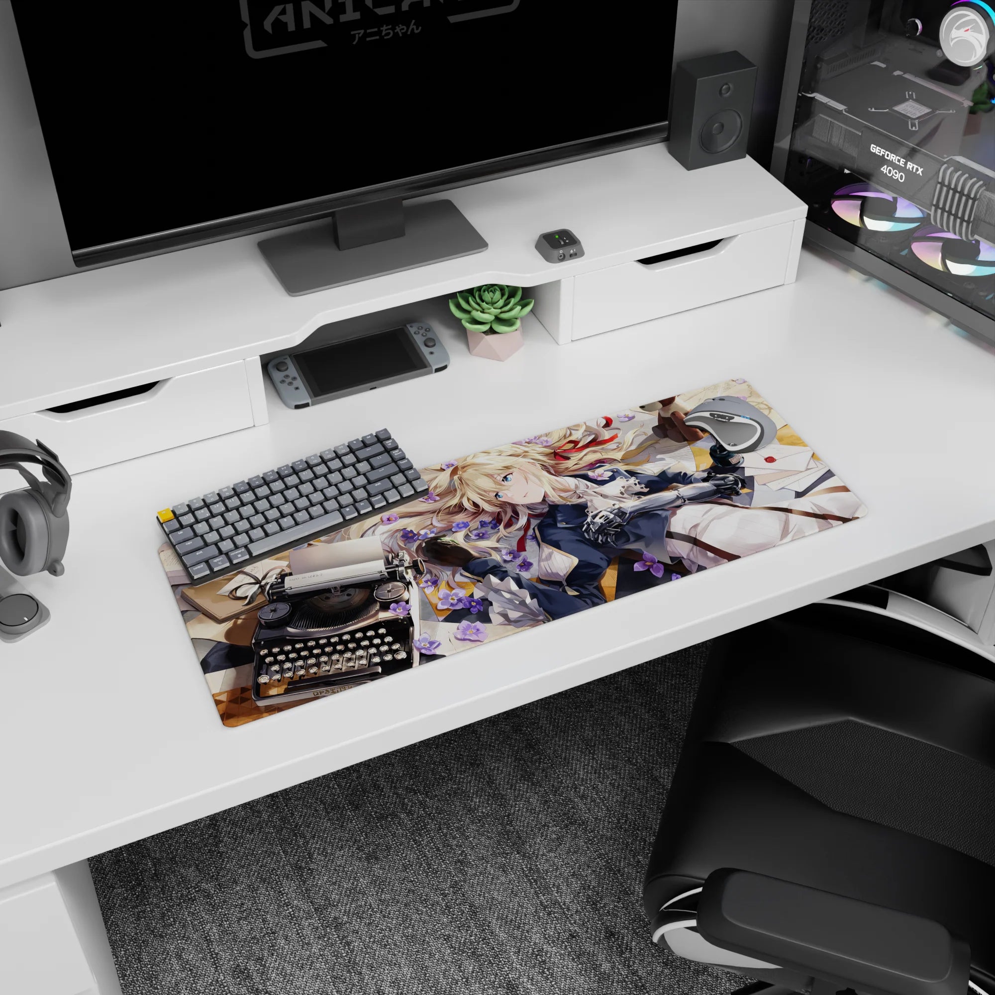 32x12 inches anime girl mouse pad showing blue-eyed blonde with red ribbon, metal arm, beside typewriter and ink.
