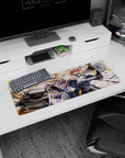 32x12 inches anime girl mouse pad showing blue-eyed blonde with red ribbon, metal arm, beside typewriter and ink.