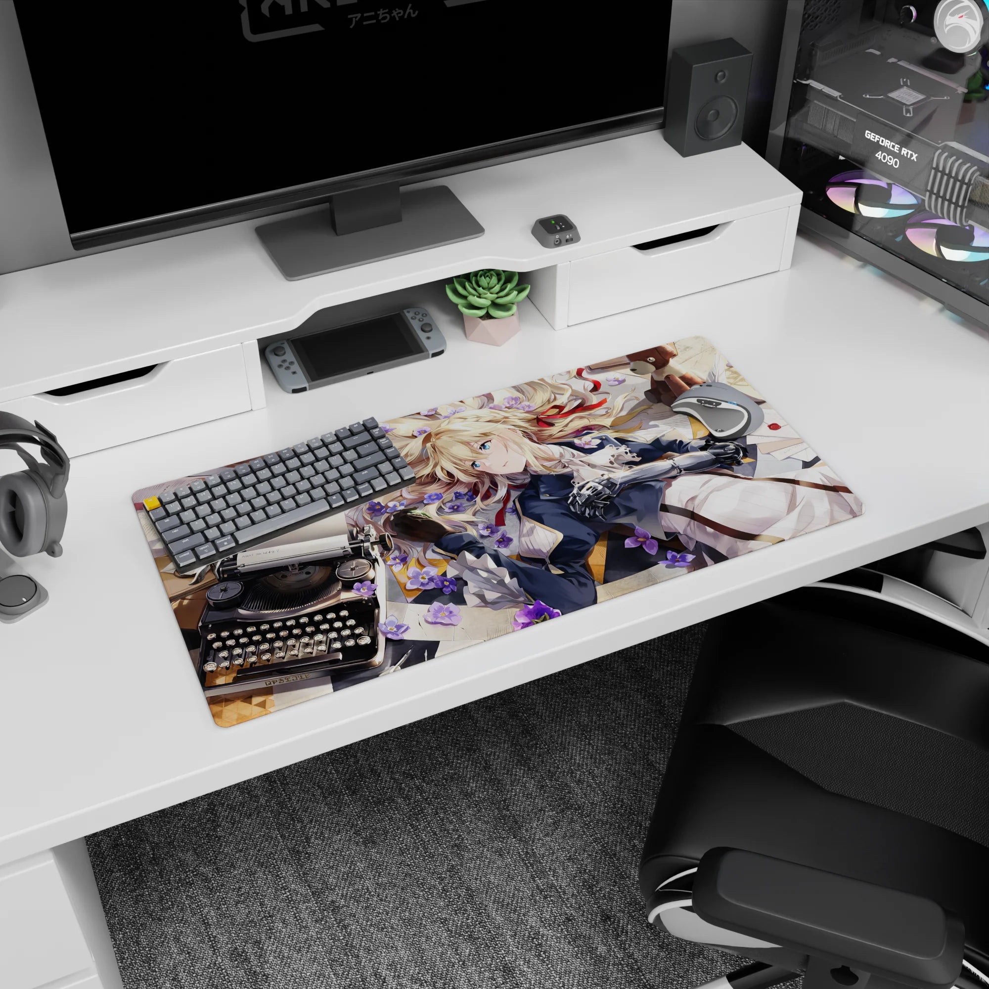 32x16 inches anime girl mouse pad featuring blue-eyed blonde with red ribbon, metal arm, desk typewriter scene.