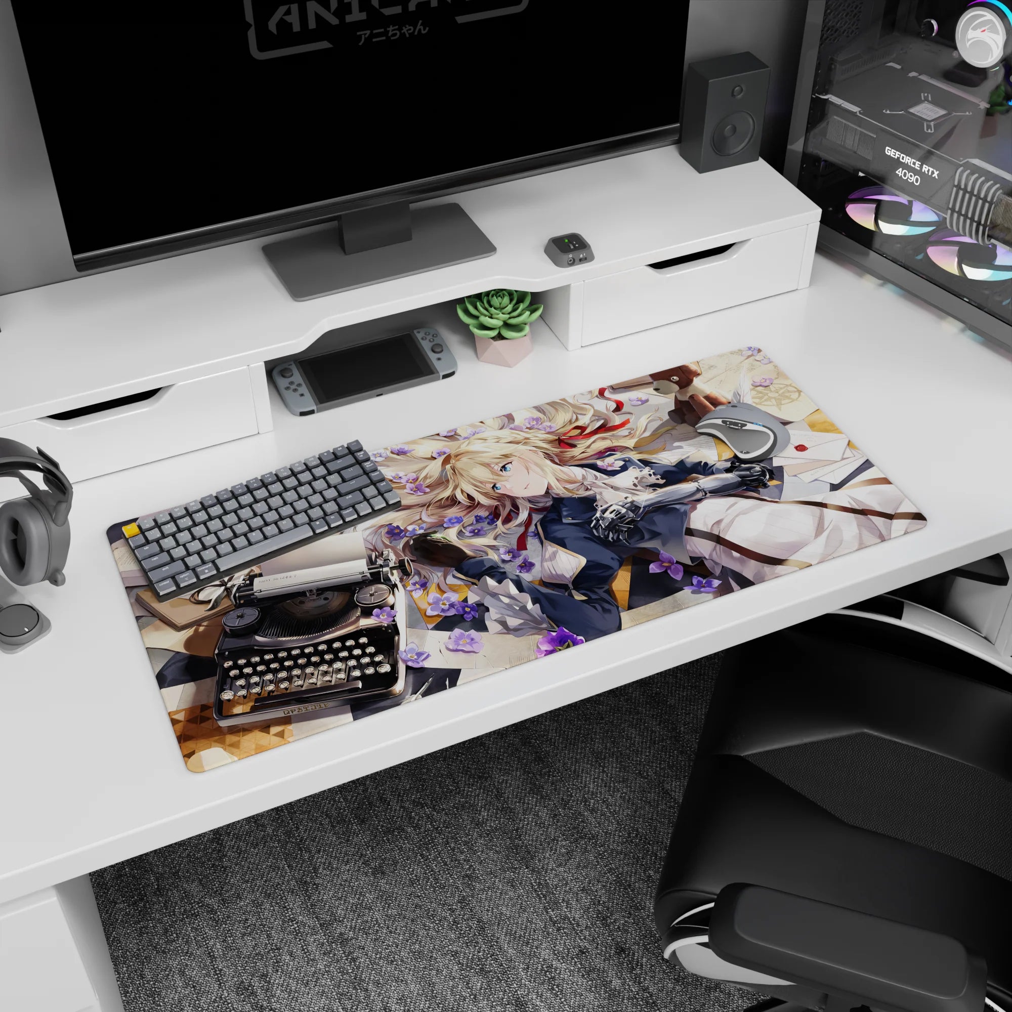 Blonde blue-eyed anime girl with metal arm on 36x16 inches desk pad, red hair ribbon, desk storybook scene.