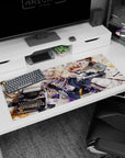 Blonde blue-eyed anime girl with metal arm on 36x16 inches desk pad, red hair ribbon, desk storybook scene.