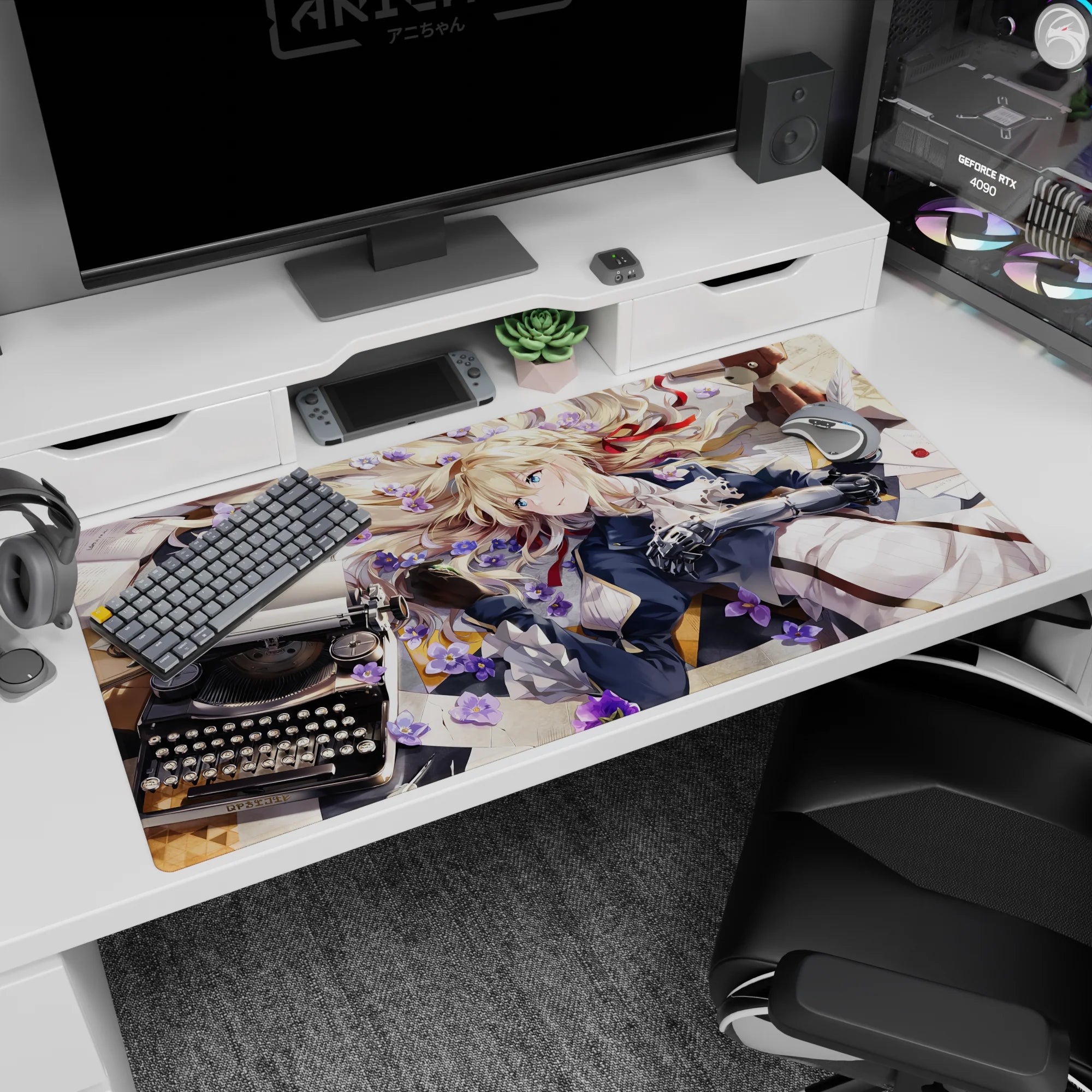 Blonde blue-eyed anime girl with metal arm on desk pad 40x20 inches, ribbon, typewriter scene.