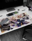 Blonde blue-eyed anime girl with metal arm on desk pad 40x20 inches, ribbon, typewriter scene.