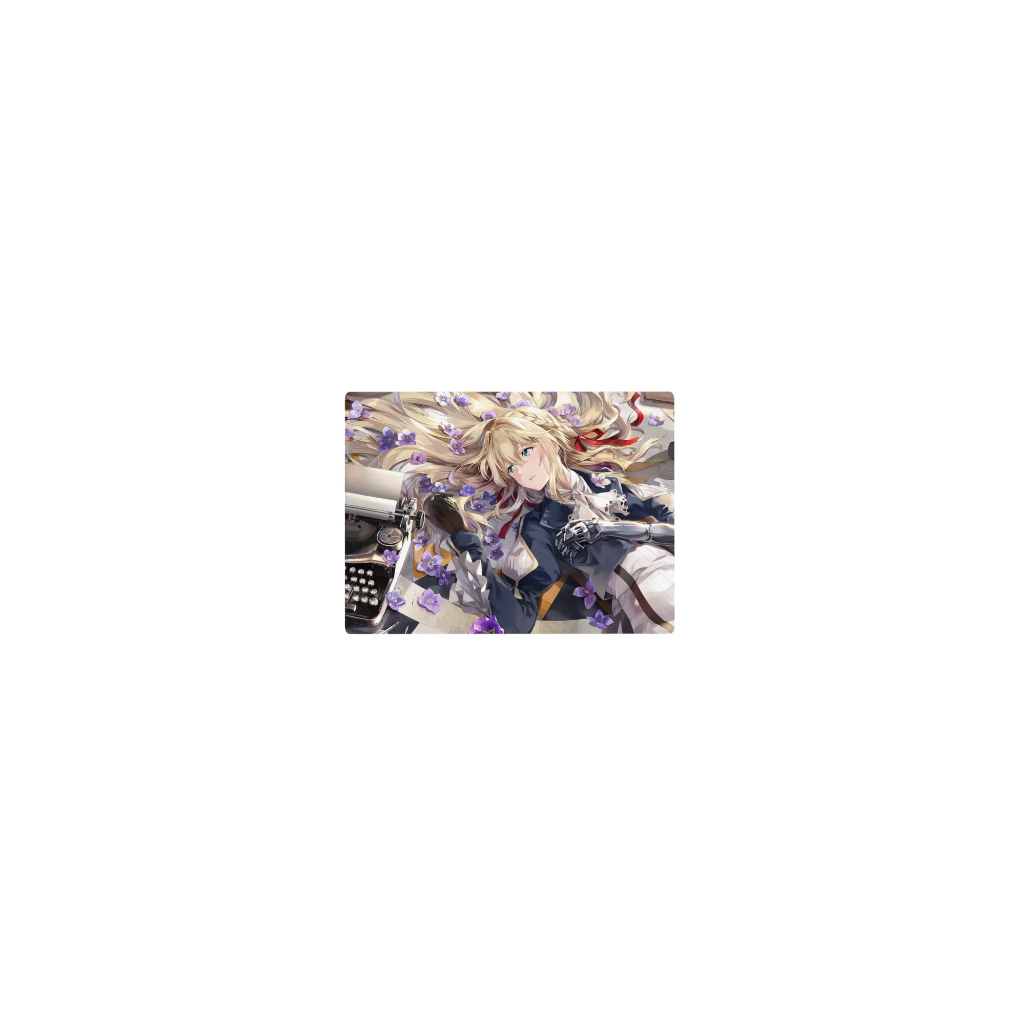 Classic anime girl mouse pad 14x10 inches with blonde girl, violet flowers, letters, typewriter desk scene.