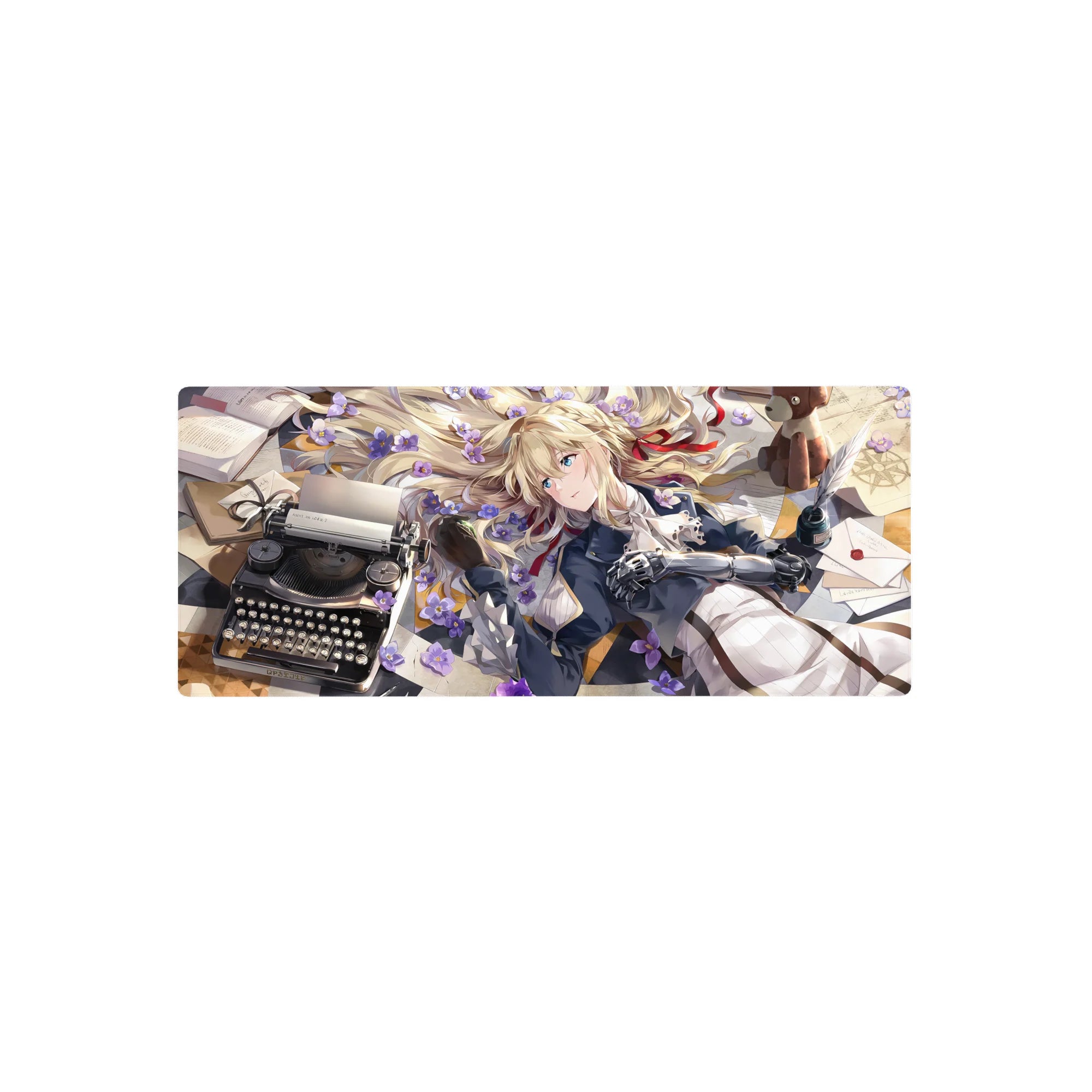 Anime girl mouse pad 28x12 inches with blonde cyborg girl, violet blossoms, typewriter, plush bear desk scene.