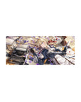 Anime girl mouse pad 28x12 inches with blonde cyborg girl, violet blossoms, typewriter, plush bear desk scene.