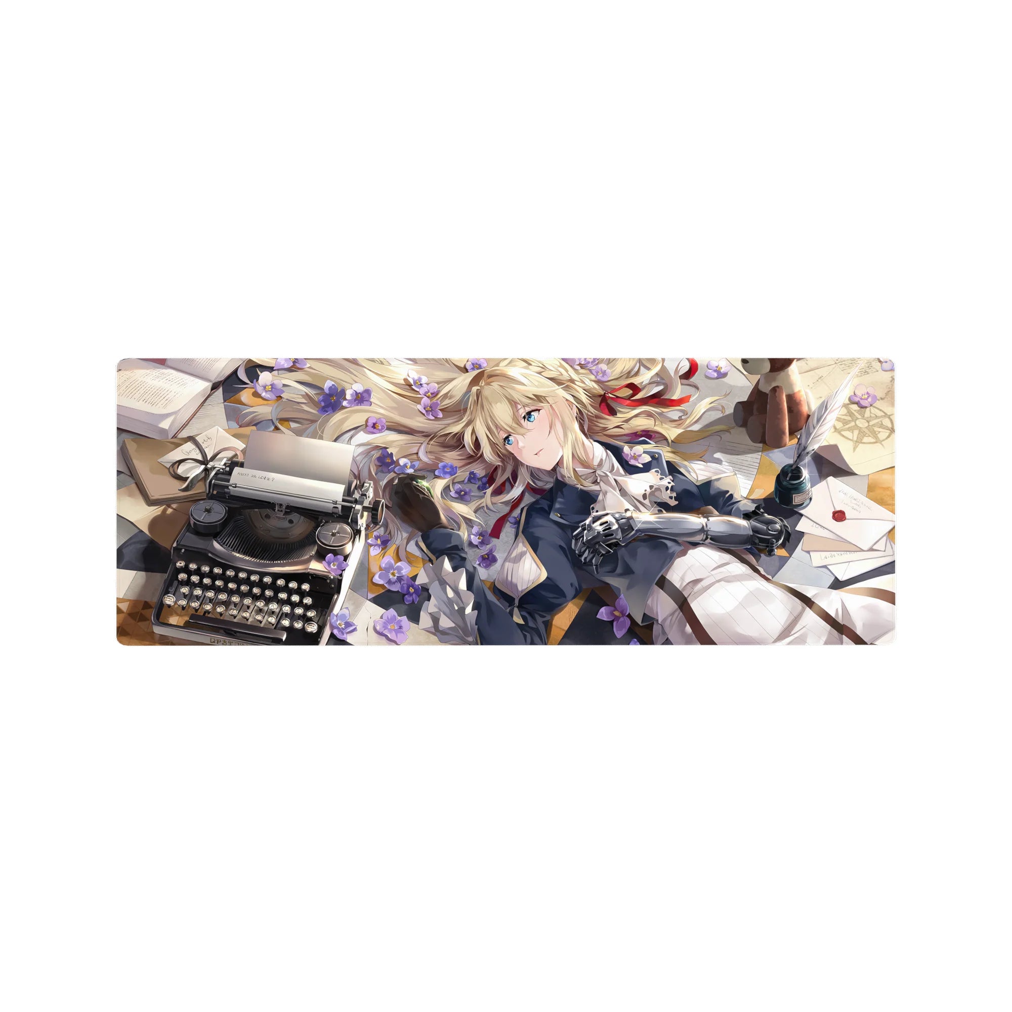 32x12 inches anime girl mouse pad with blonde in violet blossoms, letters, typewriter, plush bear, sci-fi arm.