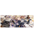 32x12 inches anime girl mouse pad with blonde in violet blossoms, letters, typewriter, plush bear, sci-fi arm.