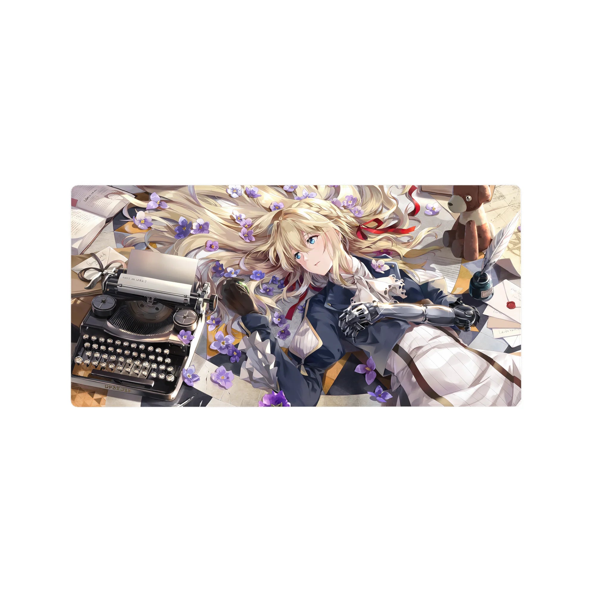 32x16 inches anime girl mouse pad with blonde in violet blossoms, letters, typewriter, plush bear, sci-fi arm.
