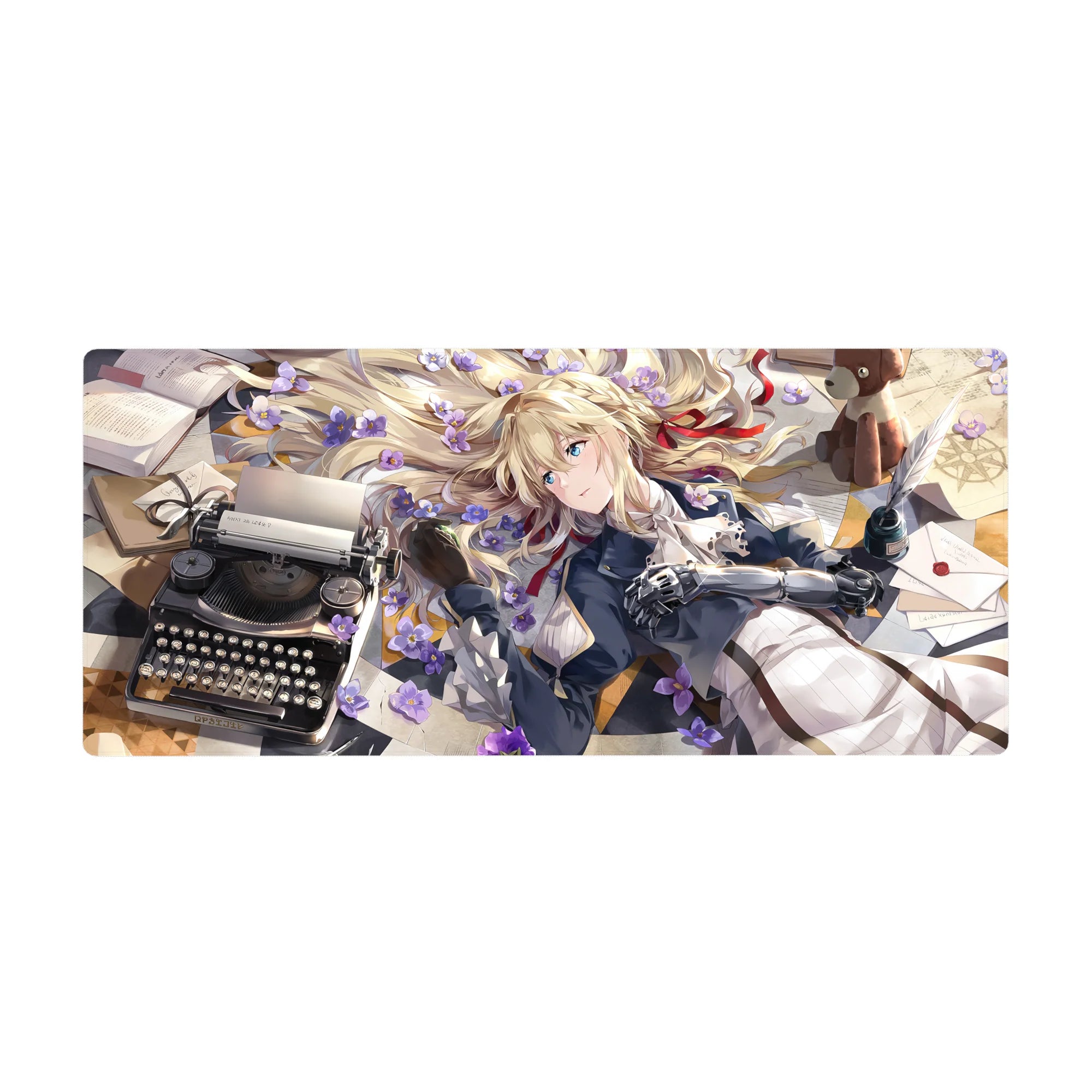 Anime girl desk pad 36x16 inches with blonde cyborg arm, violet blossoms, typewriter, letters, plush bear.