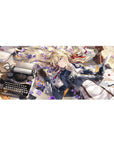 Anime girl desk pad 36x16 inches with blonde cyborg arm, violet blossoms, typewriter, letters, plush bear.