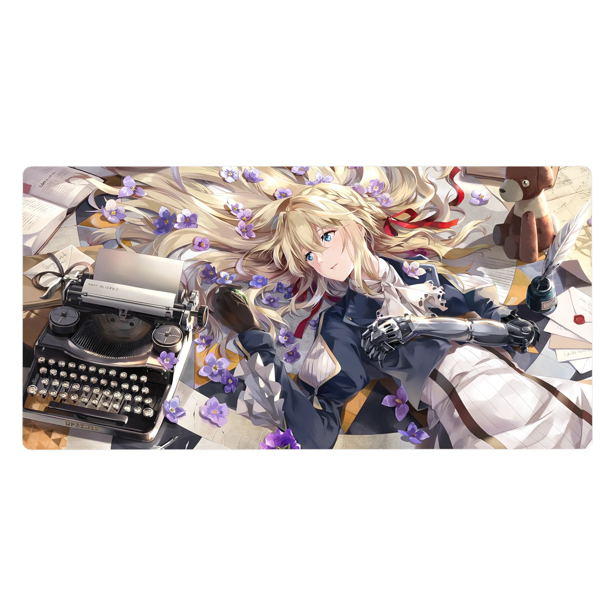 Anime girl desk pad 40x20 inches with blonde anime girl, violets, typewriter, letters, plush bear.