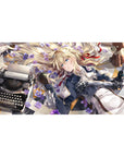 Anime girl desk pad 40x20 inches with blonde anime girl, violets, typewriter, letters, plush bear.
