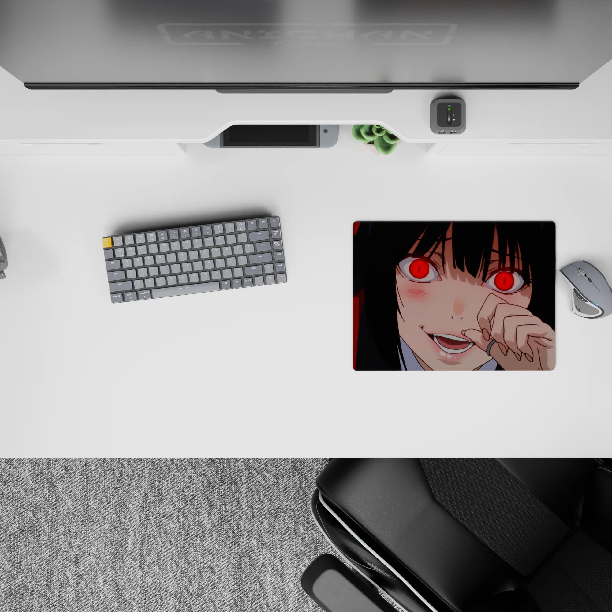 14x10 inches anime mouse pad in deep crimson and glossy black with a daring, high-stakes vibe.