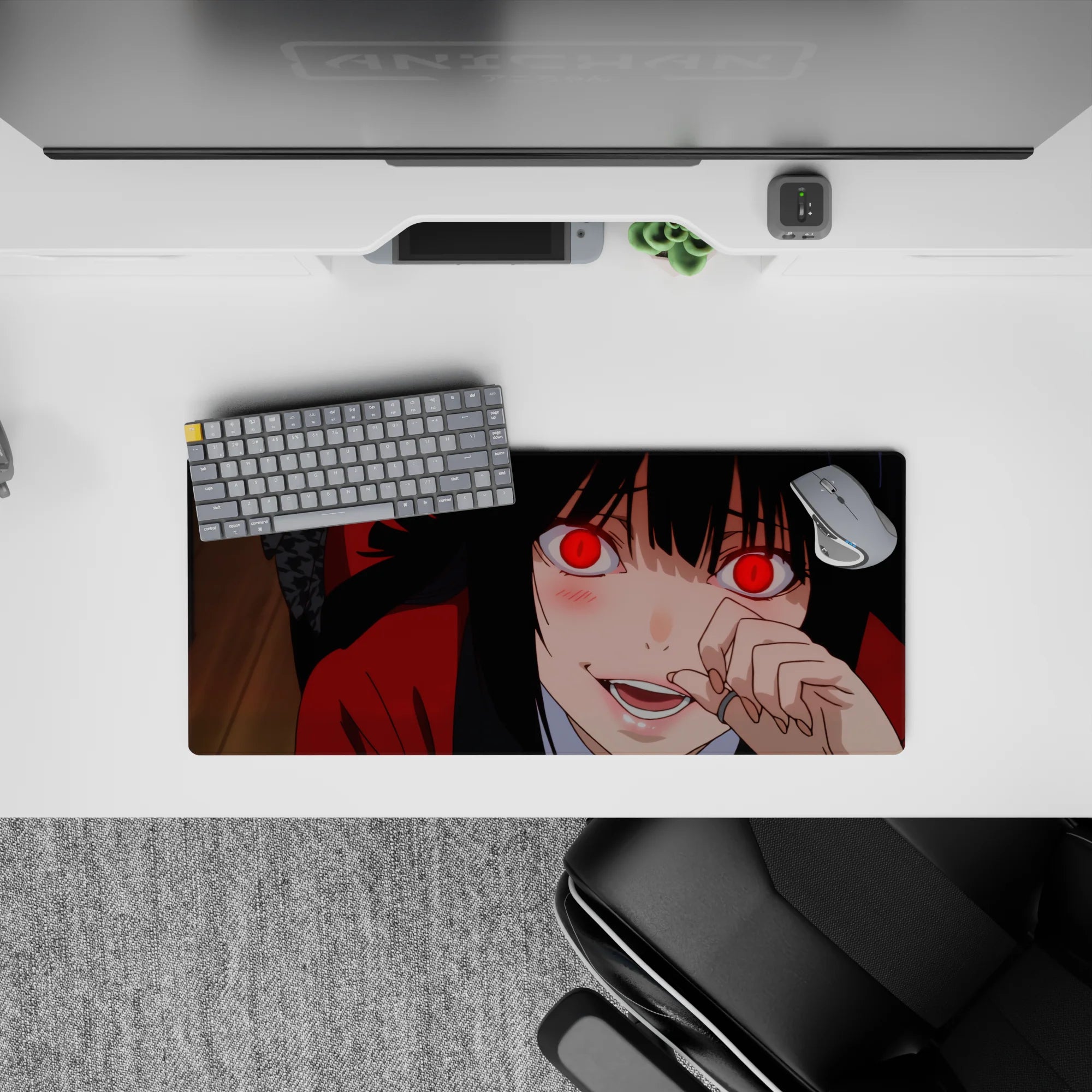 28x12 inches anime girl mouse pad in deep crimson and black, glossy shadows, daring high-stakes vibe.
