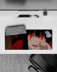 28x12 inches anime girl mouse pad in deep crimson and black, glossy shadows, daring high-stakes vibe.
