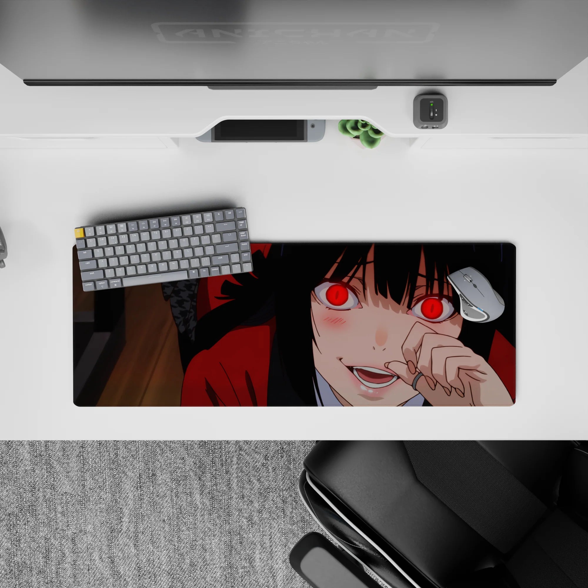 32x12 inches anime desk mat in deep crimson and glossy black, bold shadows and a daring, chaotic vibe.