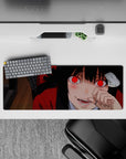 32x12 inches anime desk mat in deep crimson and glossy black, bold shadows and a daring, chaotic vibe.