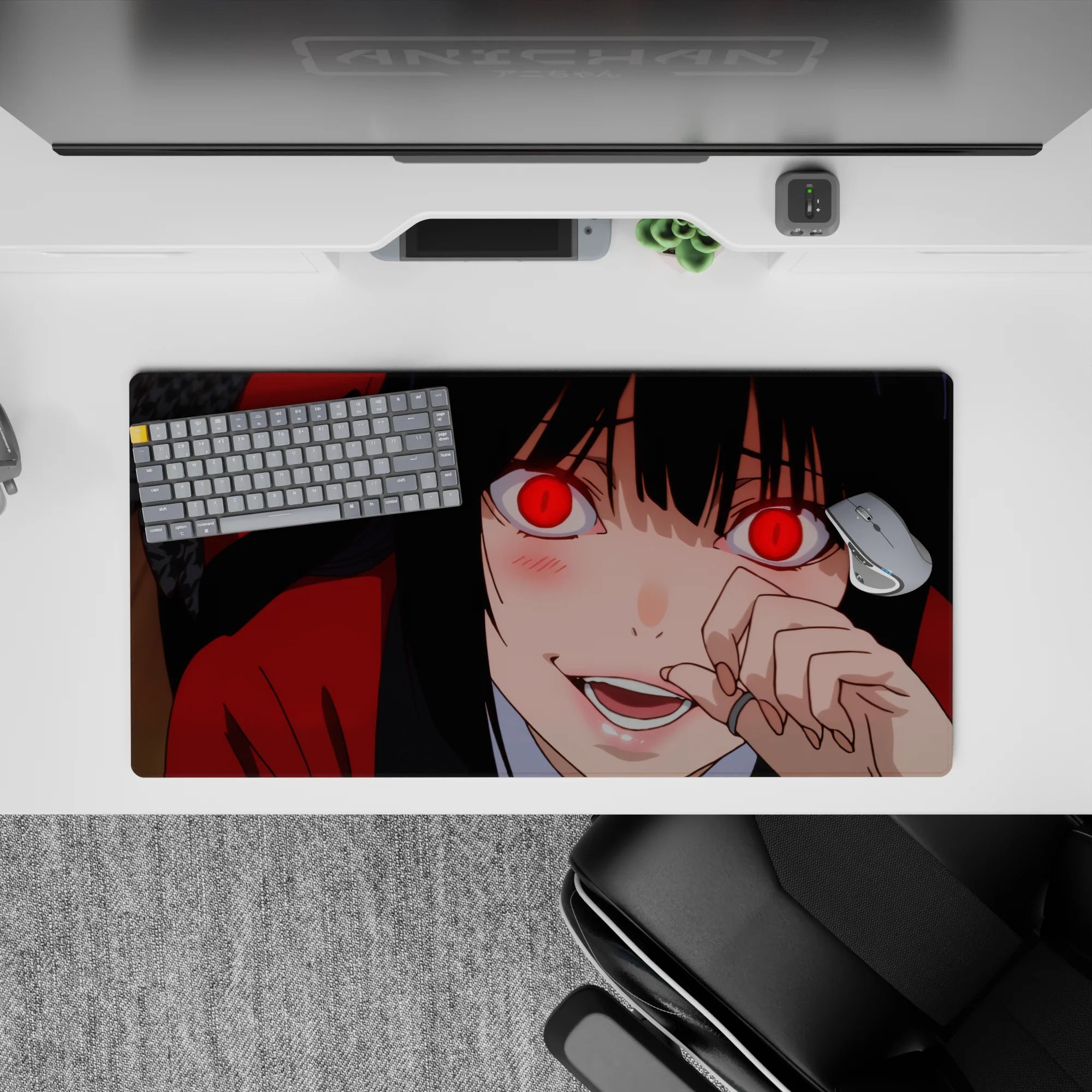 Red and black anime girl mouse pad 32x16 inches with high-stakes vibe, bold shadows, sly smile.