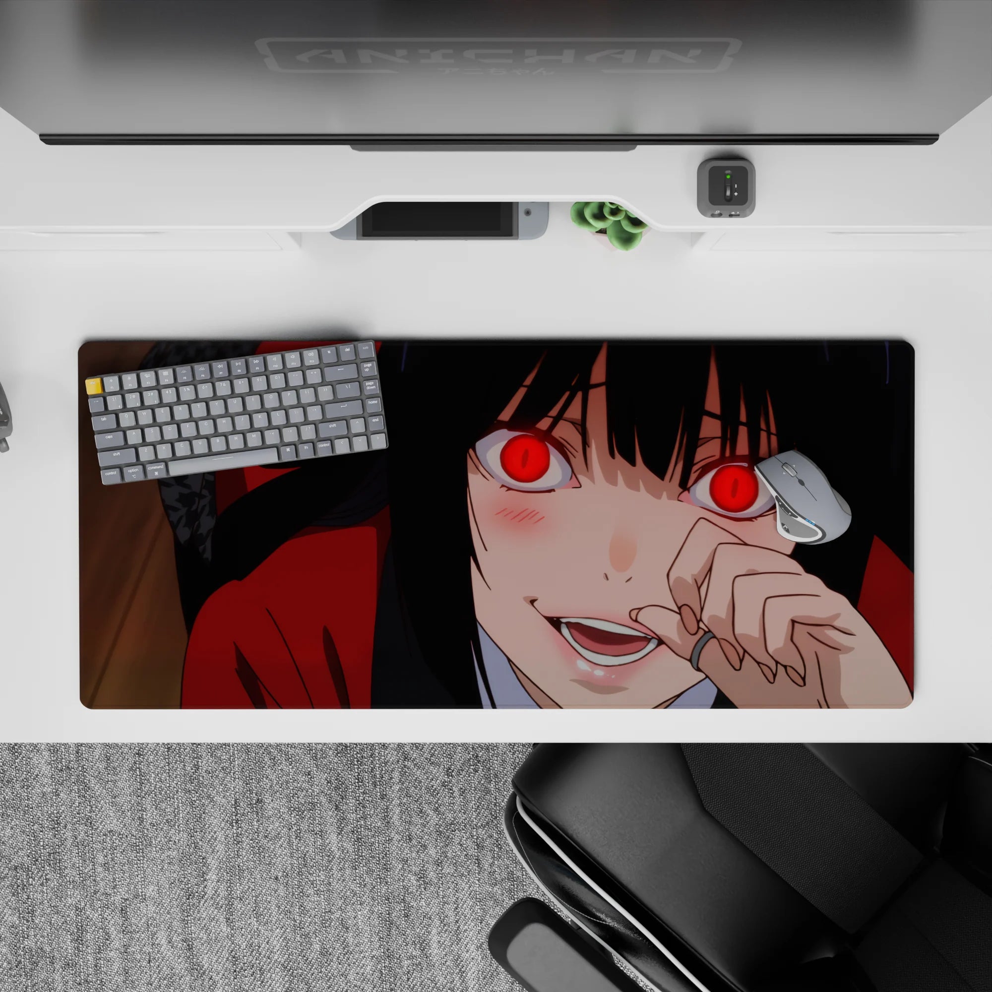 36x16 inches desk pad in deep crimson and glossy black, high-stakes vibe with sly smile and blush.