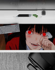 36x16 inches desk pad in deep crimson and glossy black, high-stakes vibe with sly smile and blush.