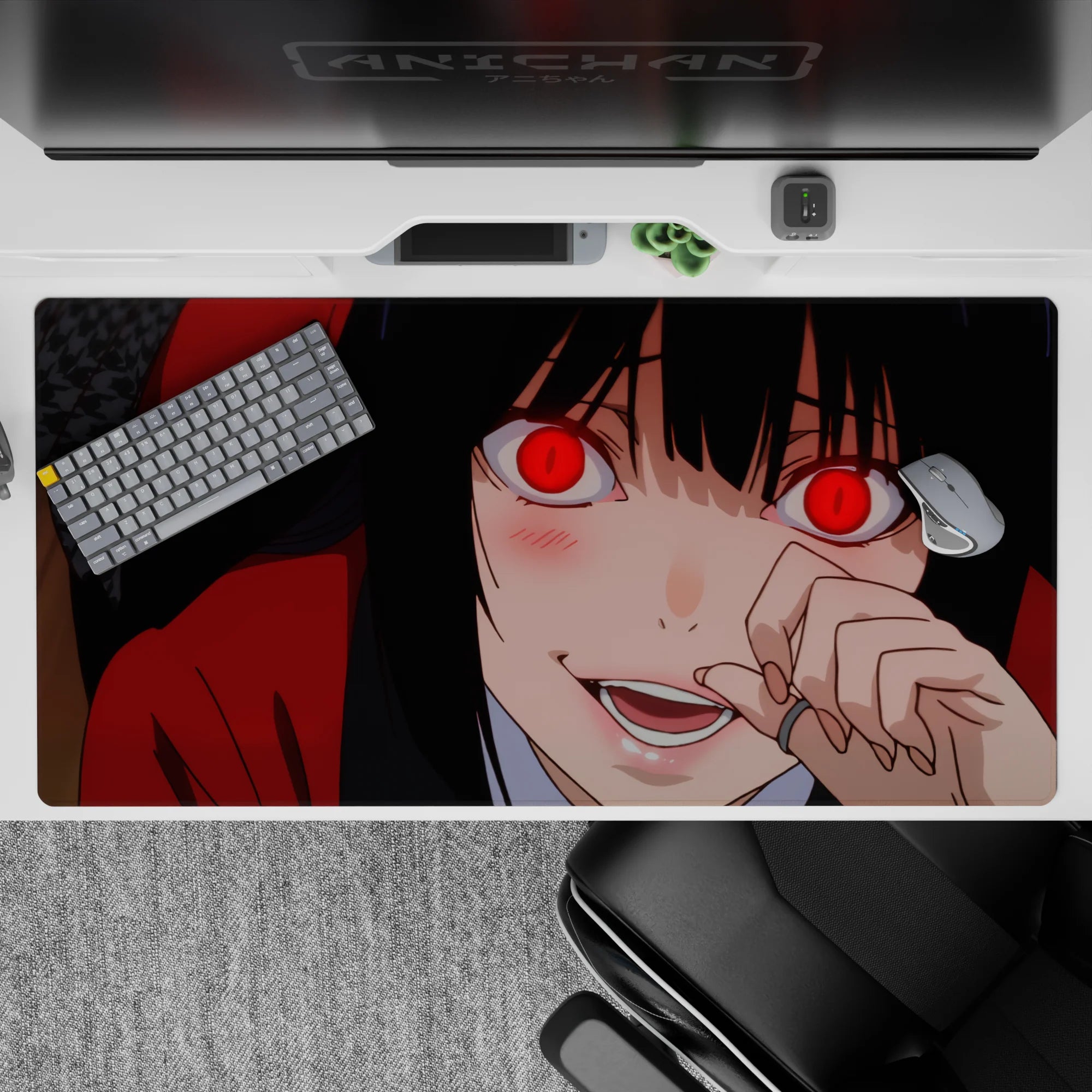40x20 inches desk pad in deep crimson and glossy black, bold red glow, playful dangerous mood.