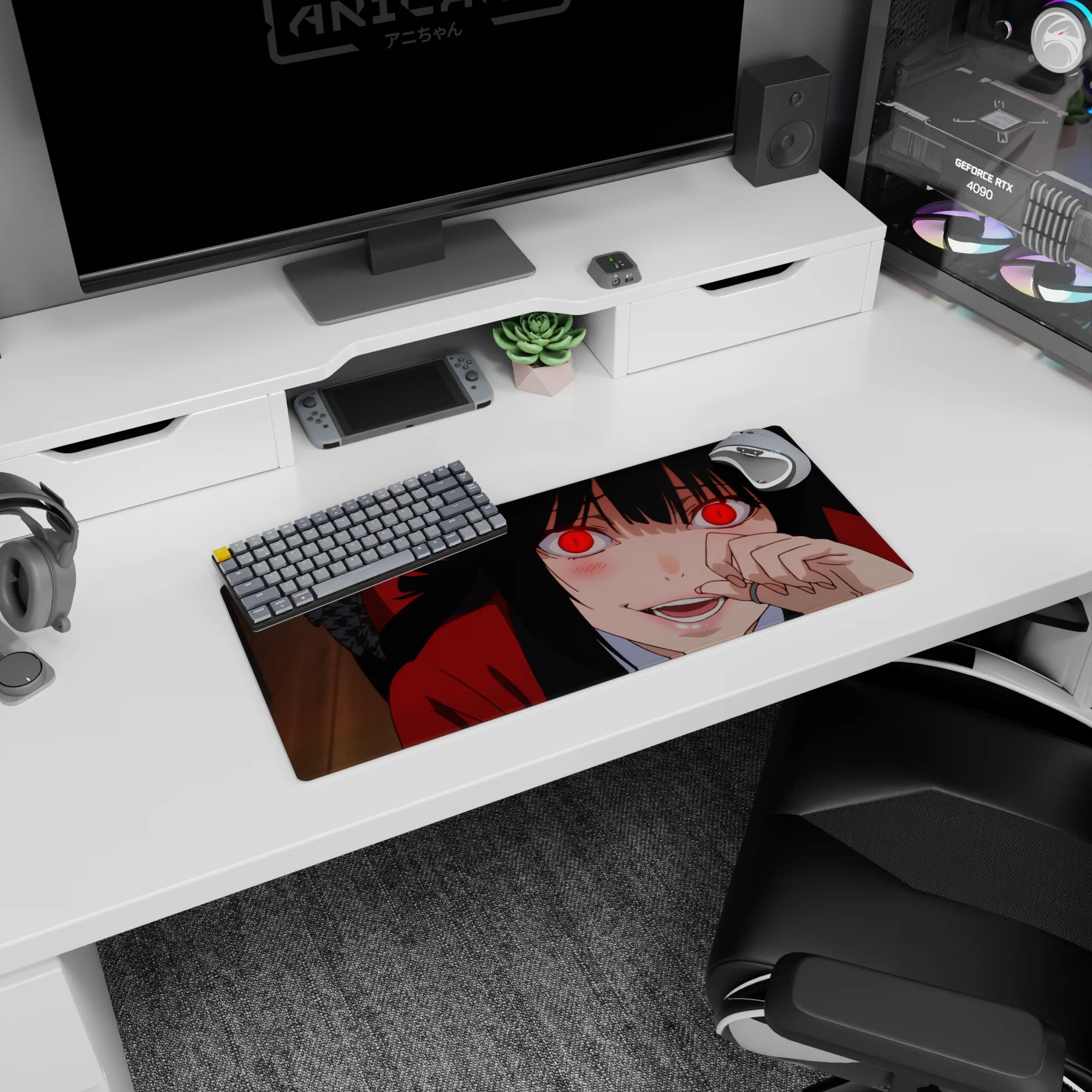 28x12 inches Yumeko Jabami mouse pad, red stare and sly smile, fingers near lips, crimson hoodie scene.