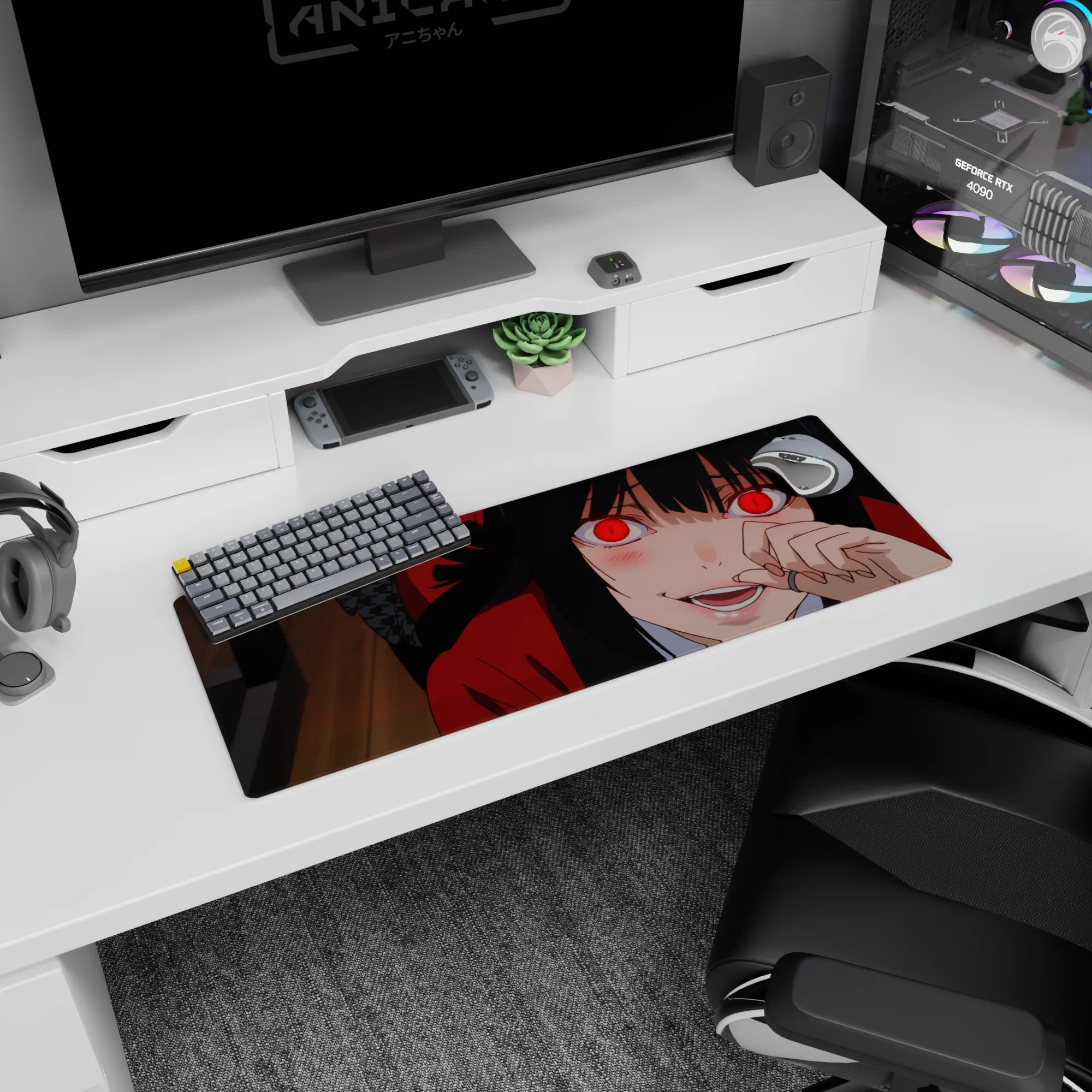 32x12 inches Yumeko Jabami mouse pad, red stare and half-smile with fingers near lips on a red hoodie.