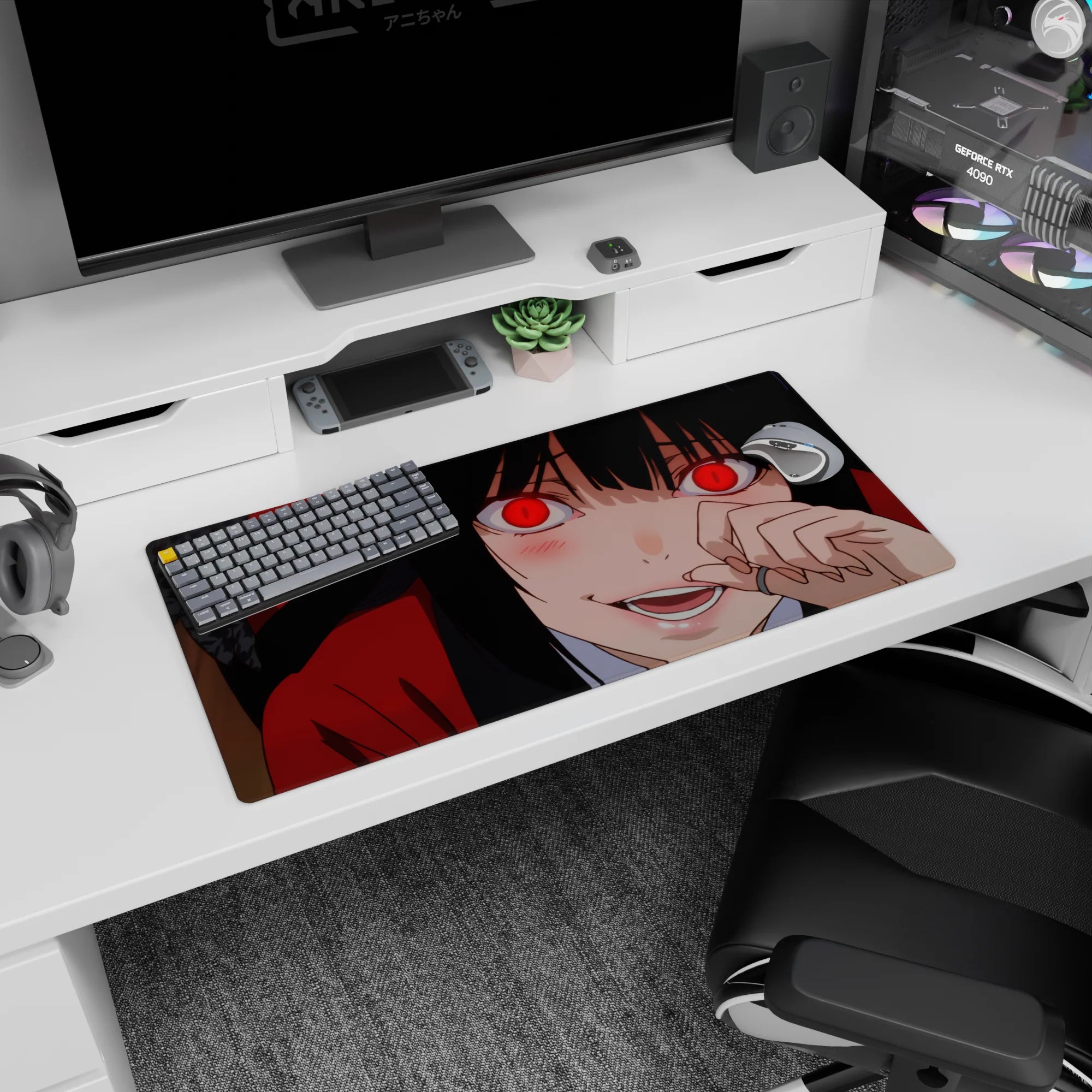 Yumeko Jabami anime girl mouse pad 32x16 inches, finger near lips, glowing red stare and blush.