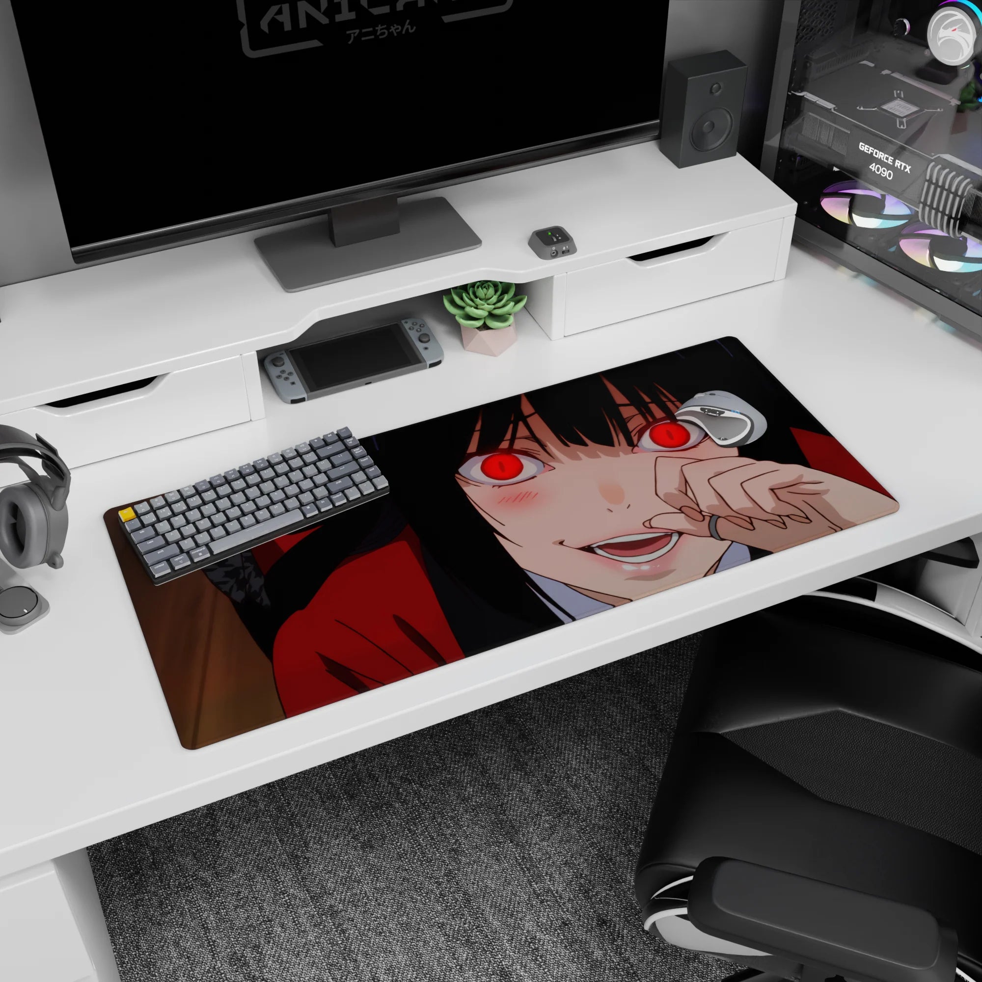 36x16 inches Yumeko Jabami desk pad, red stare and fingers near lips, playful dangerous anime scene.