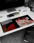 36x16 inches Yumeko Jabami desk pad, red stare and fingers near lips, playful dangerous anime scene.